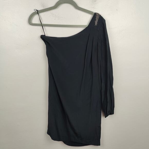 Trina Turk One Shoulder Dress Womens 2 100% Silk Black Beaded Mini Cocktail - Picture 4 of 8